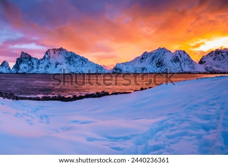 sunset time in winter season, Beautiful  scenery, ocean, sky, mountains,HD wallpaper