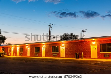 Sunset in touristic motel. USA car travel