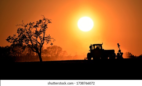 Sunset Tractor Agriculture Silhouette Landscape