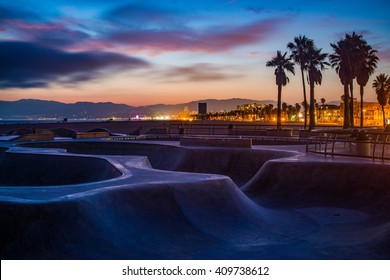 Sunset At Venice Beach Skate Park In Los Angeles.