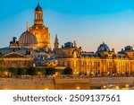 Sunset view of the Academy of Fine Arts and Frauenkirche at Dresden, Germany.