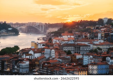 Sunset view of Arrabida Bridge and Douro River in Porto, Portugal