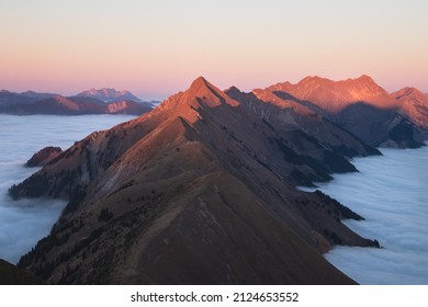 Sunset View From Augstmatthorn Near Interlaken, Switzerland On An Autumn Day Hiking Above The Clouds In The Swiss Alps