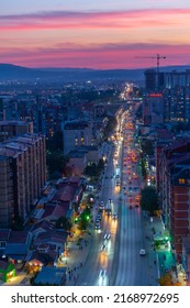 Sunset view of Bill Clinton boulevard in Prishtina, Kosovo