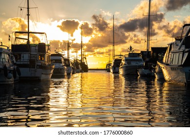 Sunset View In Bogense Marina On The Island Of Funen, Denmark