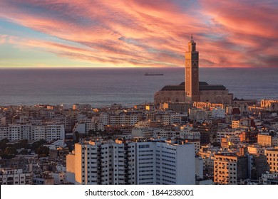 Sunset view of Casablanca cityscape with third largest Mosque in the world, Mosque Hassan II in Casablanca Morocco