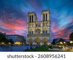 Sunset view of Cathedral Notre Dame de Paris in Paris, France. Architecture and landmarks of Paris. Postcard of Paris