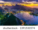 Sunset view of Corcovado, Botafogo and Guanabara bay in Rio de Janeiro. Brazil. Skyline of Rio de Janeiro. Sunset cityscape of Rio de Janeiro