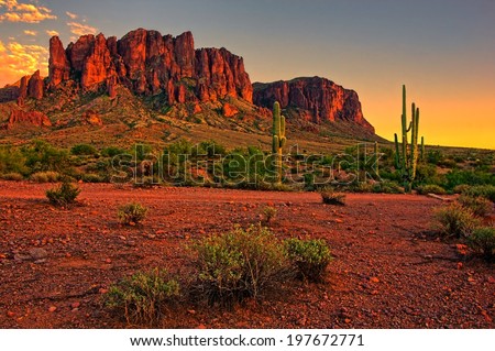 Sunset view of the desert and mountains near Phoenix, Arizona, USA              