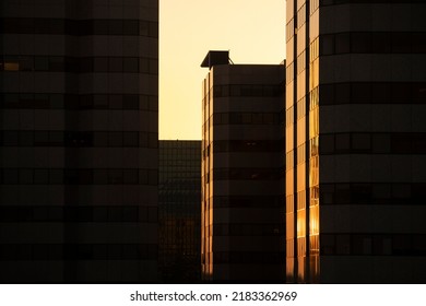 Sunset View Of The Downtown City Skyline Of Orange County's Costa Mesa, California, USA.