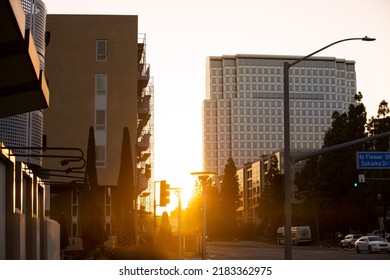 Sunset View Of The Downtown City Skyline Of Orange County's Costa Mesa, California, USA.