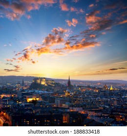 Sunset View Of Edinburgh From Holyrood Park, Scotland, UK