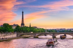 Sunset View Of Eiffel Tower And Seine River In Paris, France. Eiffel Tower Is One Of The Most Iconic Landmarks Of Paris. Cityscape Of Paris