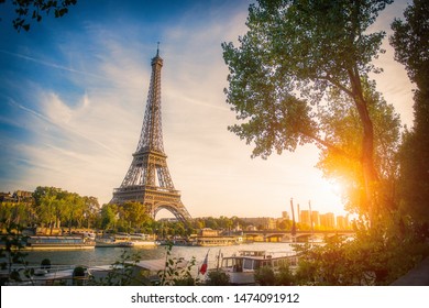 Sunset view of Eiffel tower and Seine river in Paris, France. Architecture and landmarks of Paris. Postcard of Paris