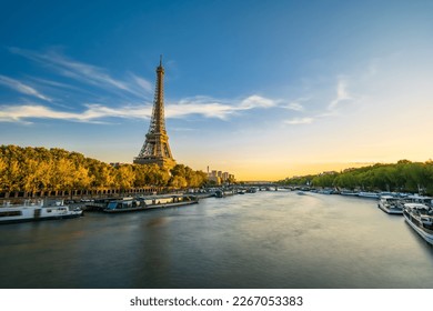 Sunset view of Eiffel tower and Seine river in Paris, France