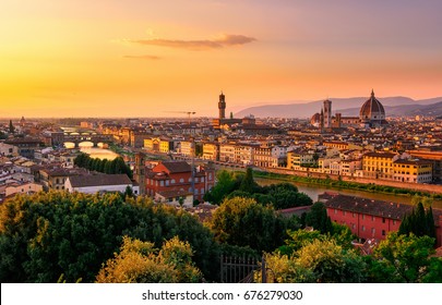 Sunset View Of Florence, Ponte Vecchio, Palazzo Vecchio And Florence Duomo, Italy. Florence Architecture And Landmark, Florence Skyline.