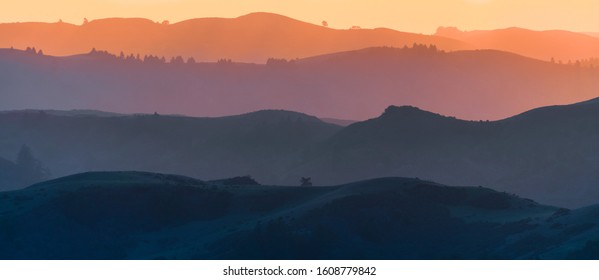 Sunset View Of Hills And Valleys, Each Layer Colored Differently;  Santa Cruz Mountains ; San Francisco Bay Area, California