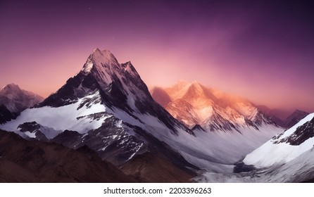 Sunset View of the Himalayas Near the Himalayan Mountain Mt Everest - Purple sky with snow covered cliffs and colorful lighting of the valley and mountain range - Powered by Shutterstock
