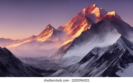 Sunset View of the Himalayas Near the Himalayan Mountain Mt Everest - epic shot of the sun hitting the cliff with fog and snow covering sections