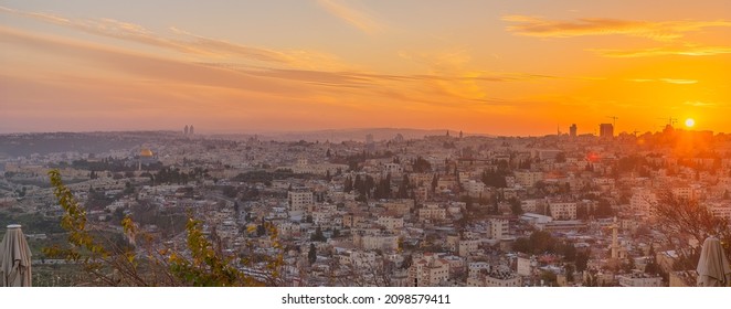 Sunset View Of Jerusalem Old And New City, Viewed From Mount Scopus. Israel