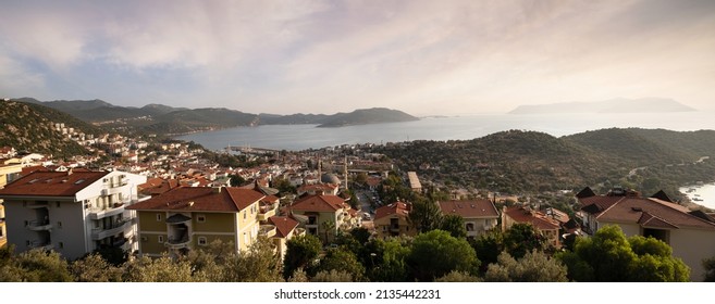 Sunset View Of Kas City. Famous Touristic Mediterranean Region In Autumn Season. Cute Diving Center Of Antalya Province.