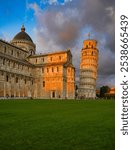 Sunset view of the Leaning Tower of Pisa and Cathedral, Piazza dei Miracoli, Tuscany, Italy