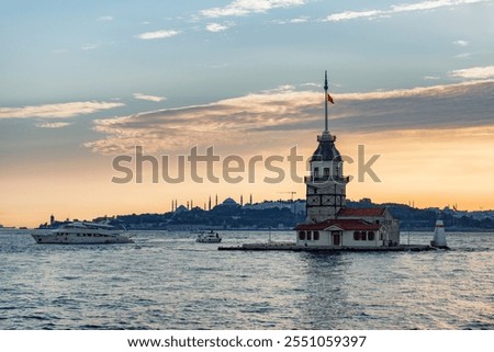Sunset view of the Maiden's Tower (Leander's Tower) and the Bosporus in Istanbul, Turkey. Istanbul is a popular tourist destination in the world.