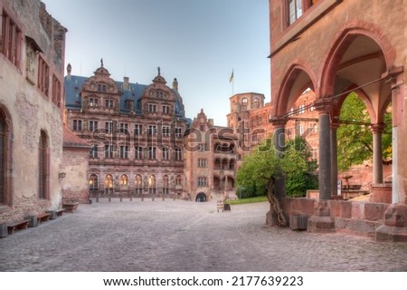 Sunset view of the main courtyard of the palace in Heidelberg, Germany