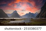 The sunset view with Mitre Peak, Milford Sound, New Zealand ,Fiordland national park