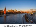 Sunset view of Moscow Kremlin, Kremlin Embankment and Moscow River in Moscow, Russia. Architecture and landmark of Moscow