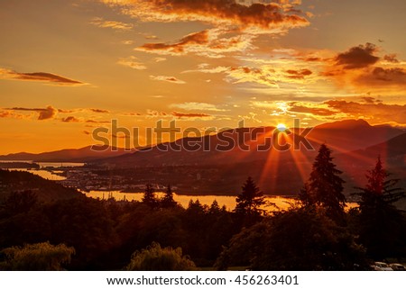 sunset view from mountaintop, Burnaby Mountain, British Columbia, Canada