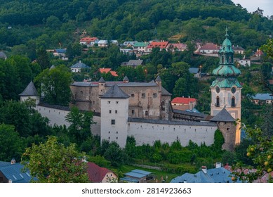 Sunset view of the old castle overlooking Banska Stiavnica in Slovakia.IMAGE