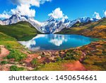 Sunset  view on Bernese range above Bachalpsee lake. Popular tourist attraction. Location place Swiss alps, Grindelwald valley, Europe. 