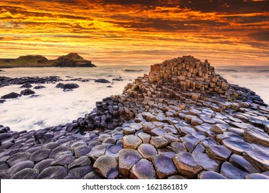 Sunset view on the Giants Causeway in Northern Ireland. - Shutterstock ID 1621861819