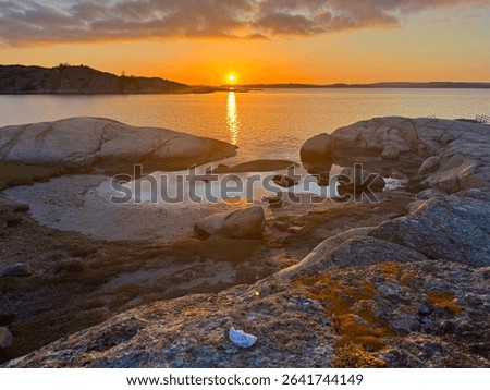 Sunset view on secluded beach bay on seashore with shell on the stone during beautiful spring evening, Bohuslän, Sweden.