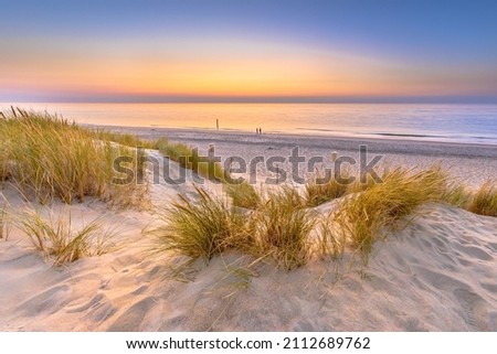 Sunset View over ocean from dune over North Sea and Canal in Ouddorp, Zeeland Province, the Netherlands. Outdoor scene of coast in nature of Europe.