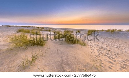 Sunset View over ocean from dune over North Sea and Canal in Ouddorp, Zeeland Province, the Netherlands. Outdoor scene of coast in nature of Europe.
