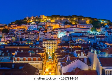 Sunset view over Sao Jorge castle in Lisbon, Portugal