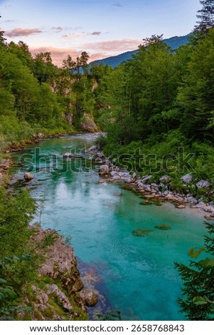 Sunset view over Soca river in Slovenia