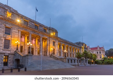 Sunset view of Parliamentary Library and New Zealand Parliament Buildings in Wellington