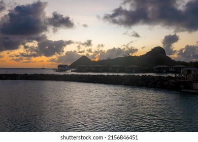 A Sunset View Of Pigeon Island From Rodney Bay In Saint Lucia.