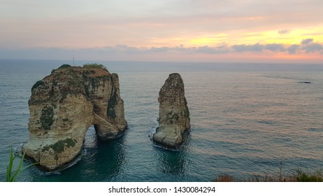 Sunset View Of Pigeon Rock (Raouché), Beirut. Lebanon 