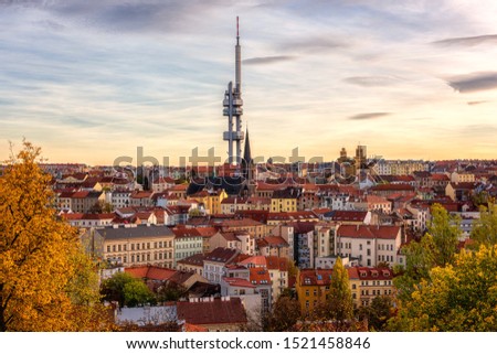 Sunset view of Prague from Vitkov hill with Zizkov television tower (Zizkovsky vysilac), scenic cytiscape, Czech Republic, travel background