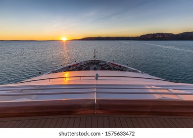 Sunset View Of Prince Frederick Harbor In The Remote Kimberley Coast Of Western Australia From The Deck Of An Anchored Expedition Cruise Ship.