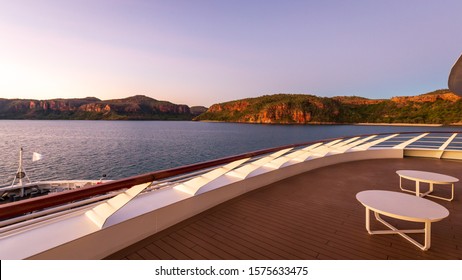 Sunset View Of Prince Frederick Harbor In The Remote Kimberley Coast Of Western Australia From The Deck Of An Anchored Expedition Cruise Ship.