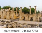 Sunset view of the ruins of the ancient Roman-Byzantine city of Bet Shean (Nysa-Scythopolis), now a National Park. Northern Israel