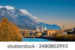 The sunset view scene with Innsbruck cityscape, colorful historic buildings in Innsbruck, Austria