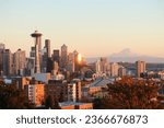 Sunset view of the Seattle skyline from Kerry Park, in Seattle, Washington. Cold fall day.