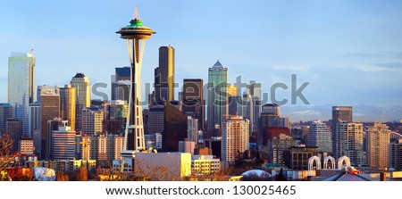 Sunset view of Seattle skyline, WA, USA