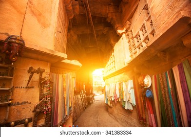 Sunset View Of Shopping Street In The Fort Of Jaisalmer, Rajasthan, India. 